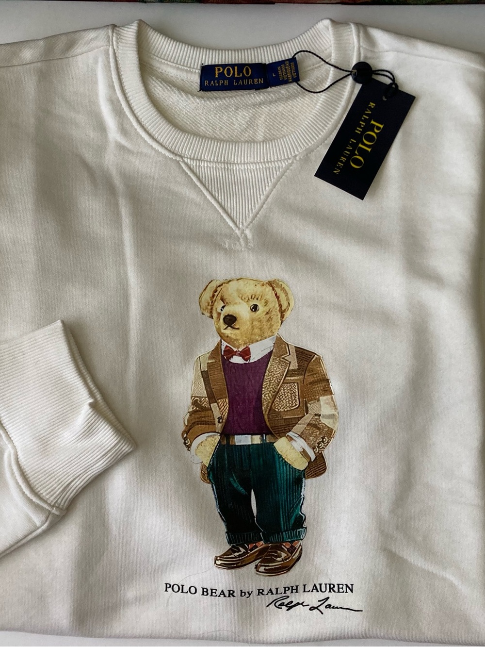 Polo Bear Ralph Lauren Sweatshirt White Cotton Long Sleeve L Crewneck